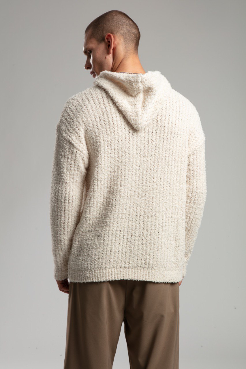 Beige Knit Hooded Sweatshirt