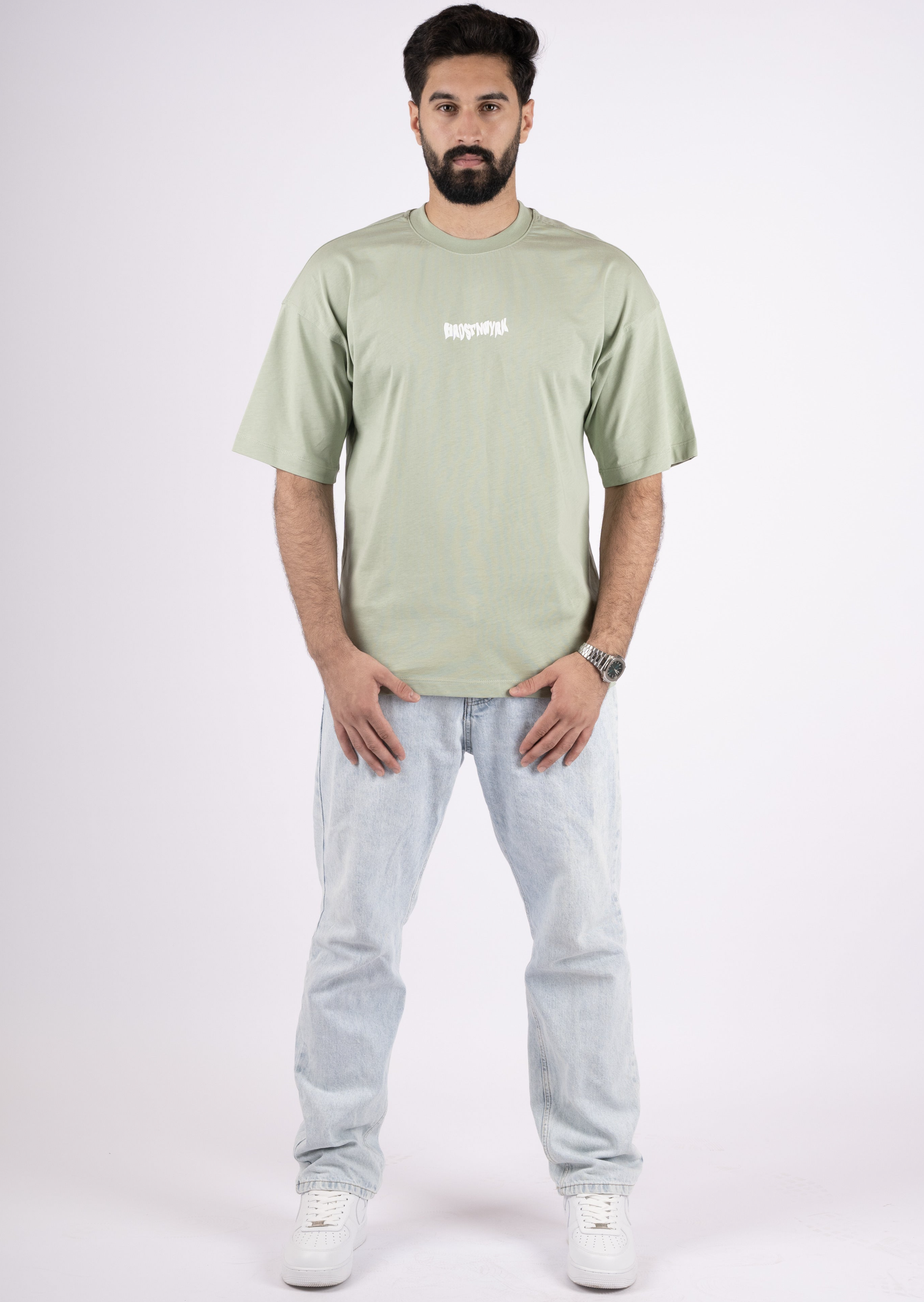 HRDSTN Light Green Off Shoulder T-shirt