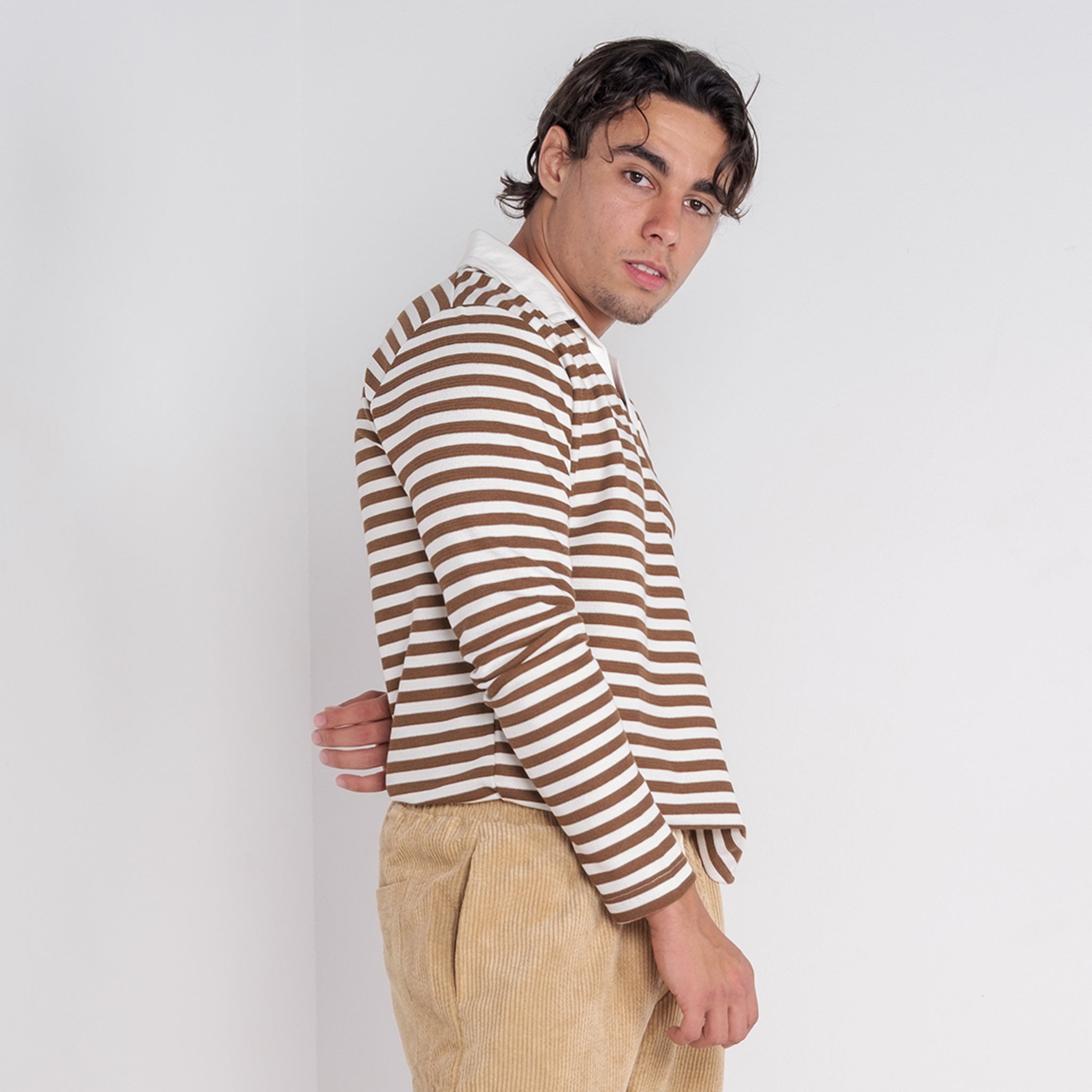 Brown Striped Long Sleeve Polo Shirt