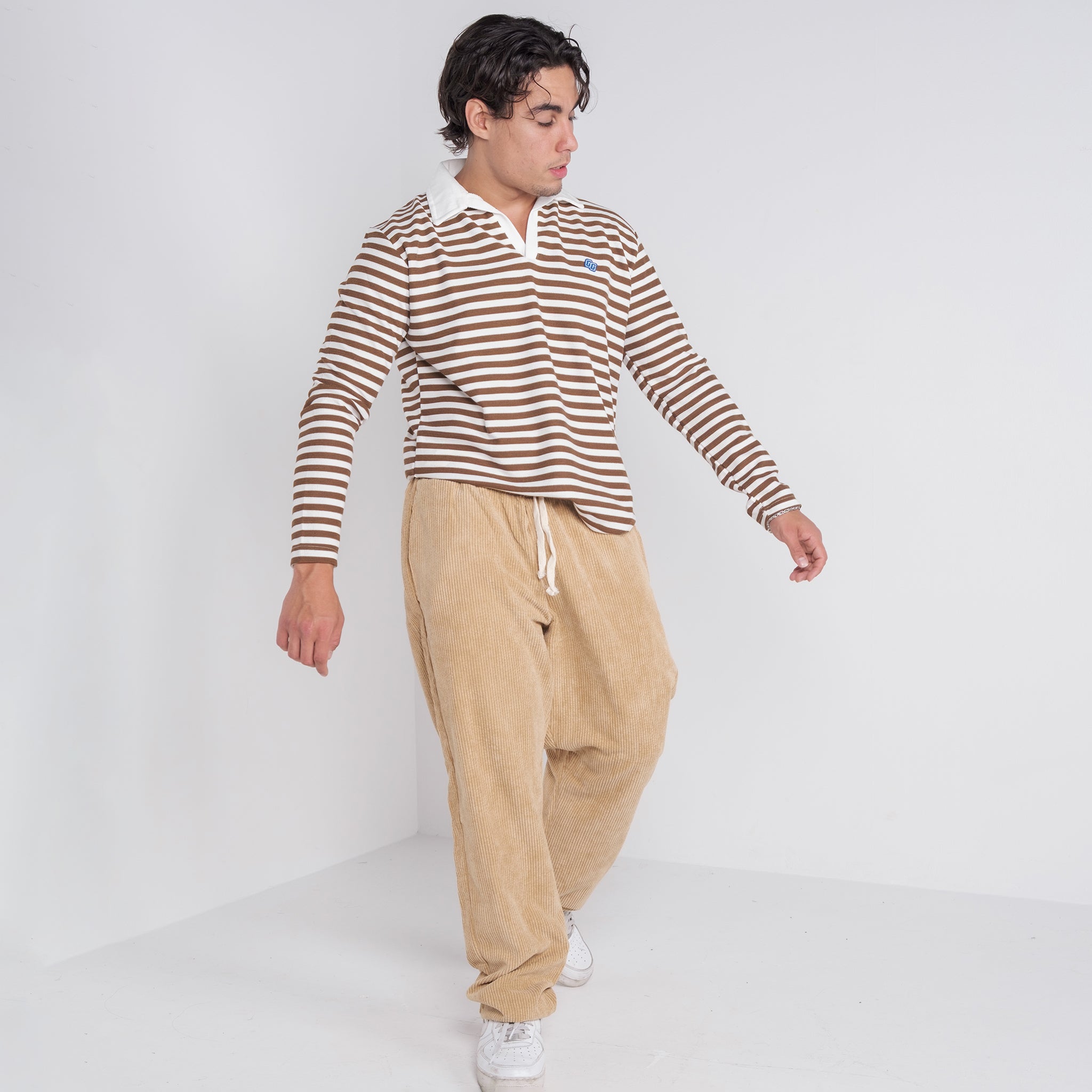 Brown Striped Long Sleeve Polo Shirt