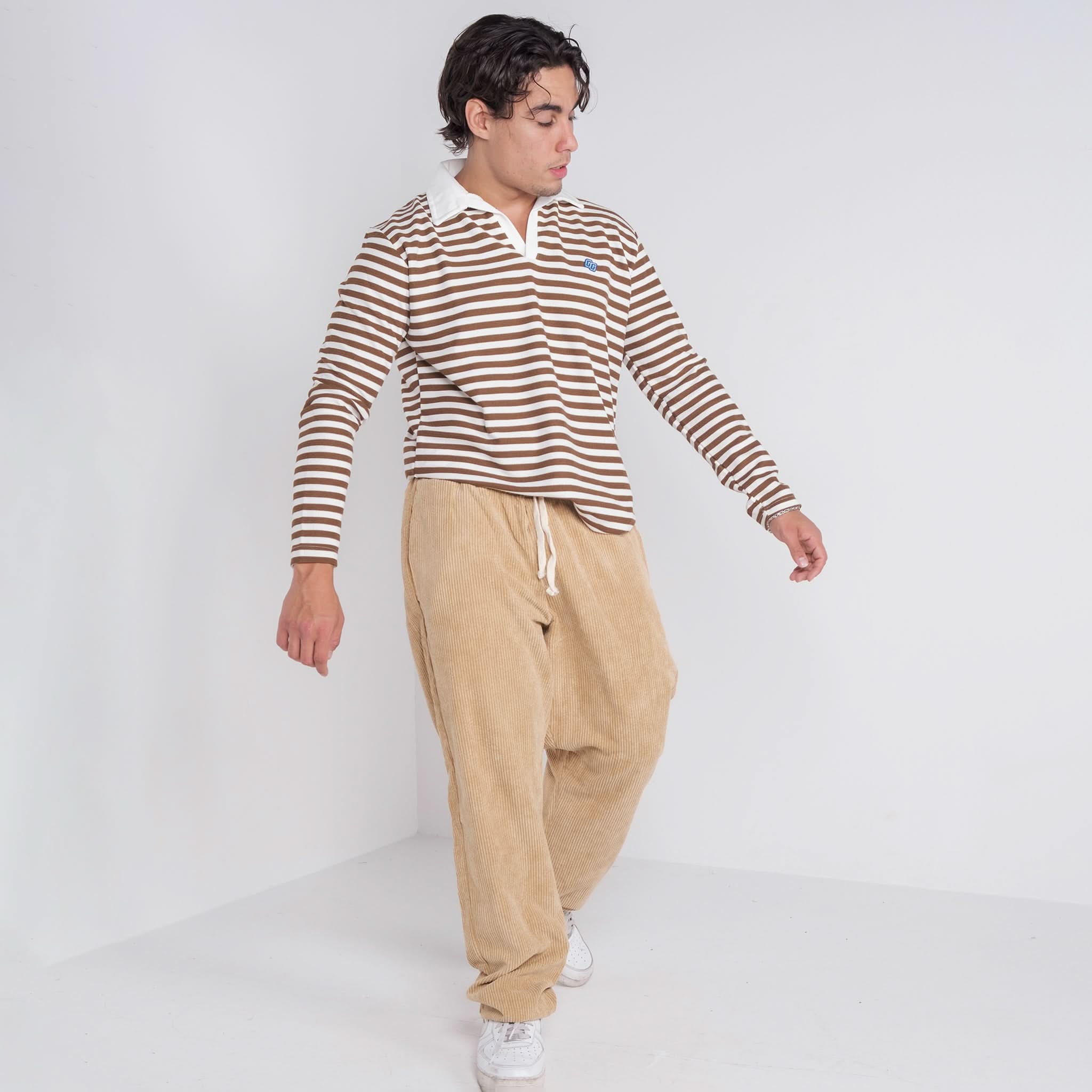 Brown Striped Long Sleeve Polo Shirt