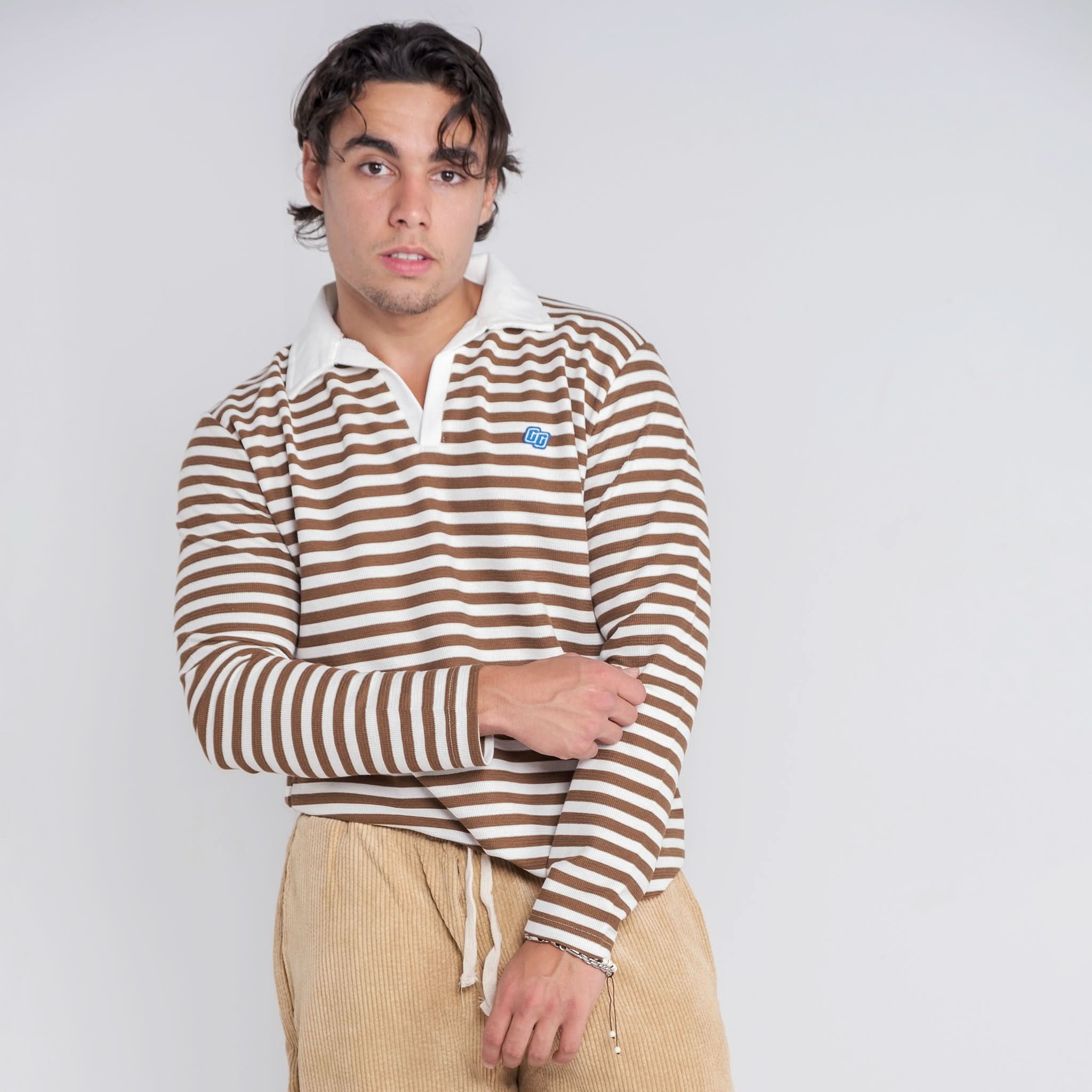 Brown Striped Long Sleeve Polo Shirt