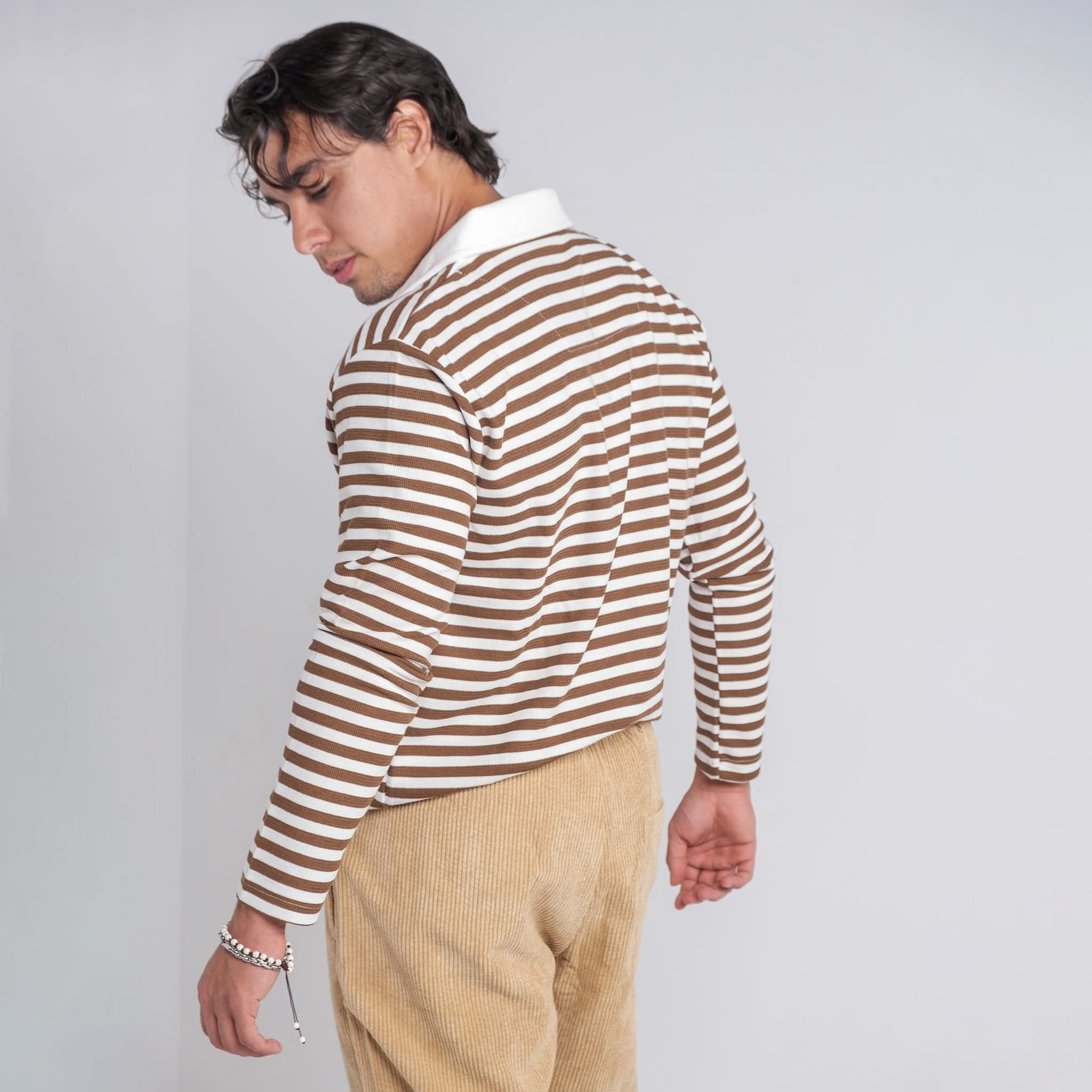 Brown Striped Long Sleeve Polo Shirt