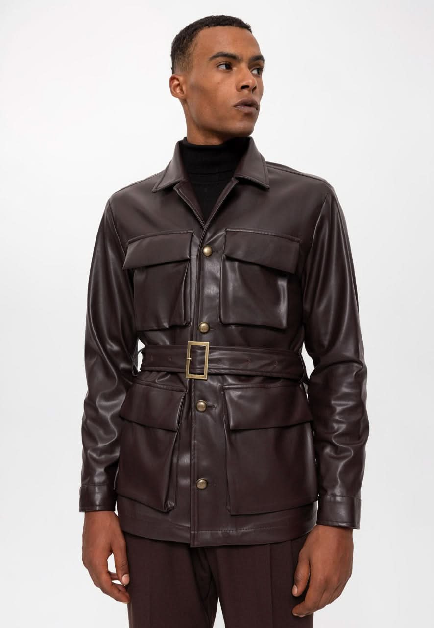 Belted Faux Leather Coat