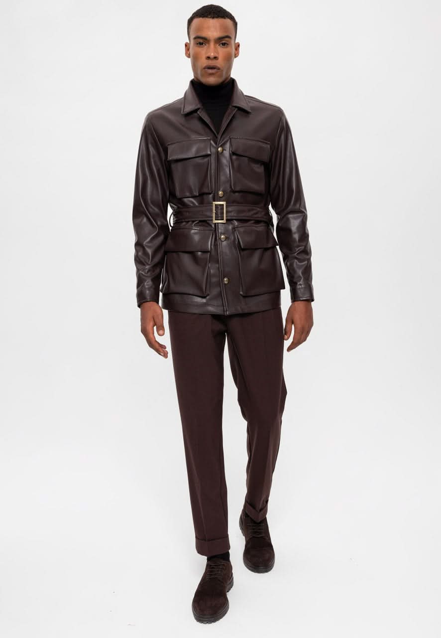 Belted Faux Leather Coat