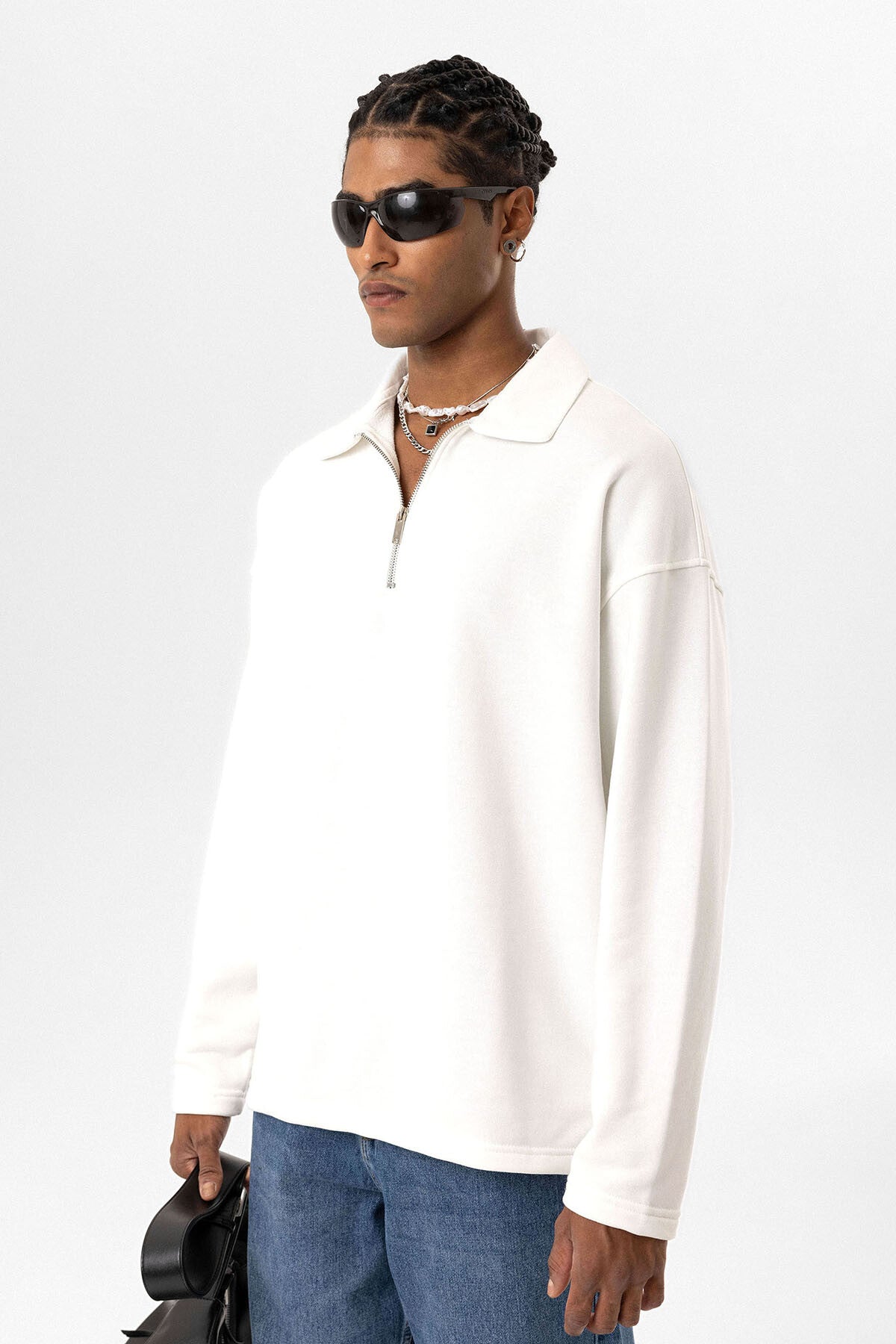 Collar Zipped Sweater - White