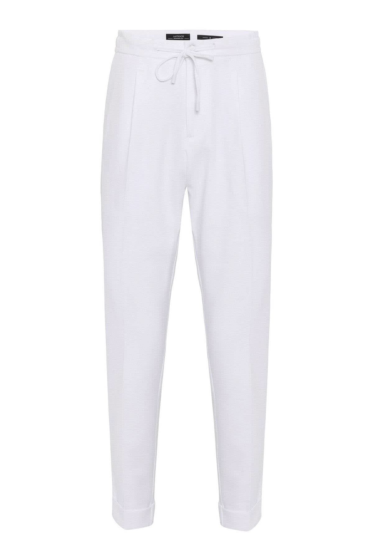 White Elastic Waist Pleated Trousers