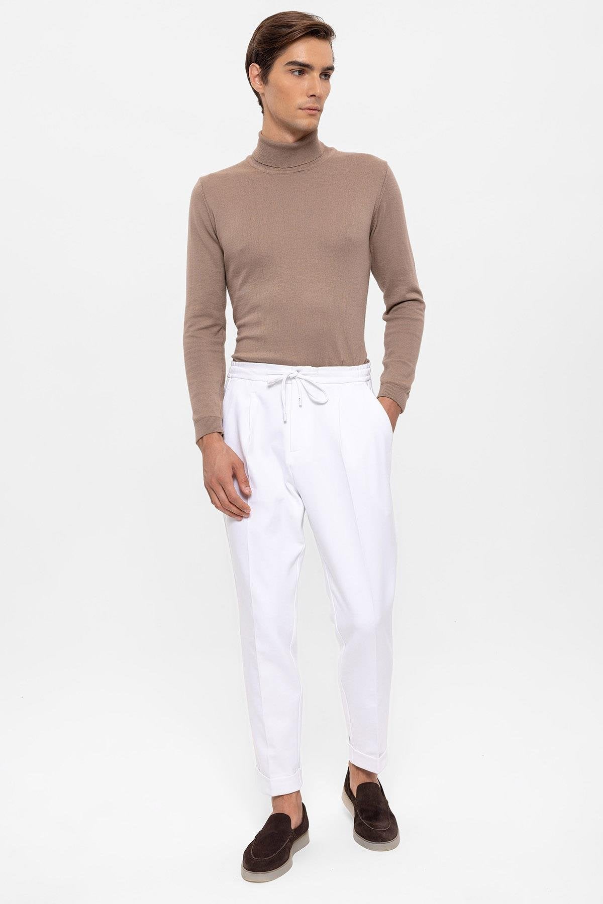 White Elastic Waist Pleated Trousers