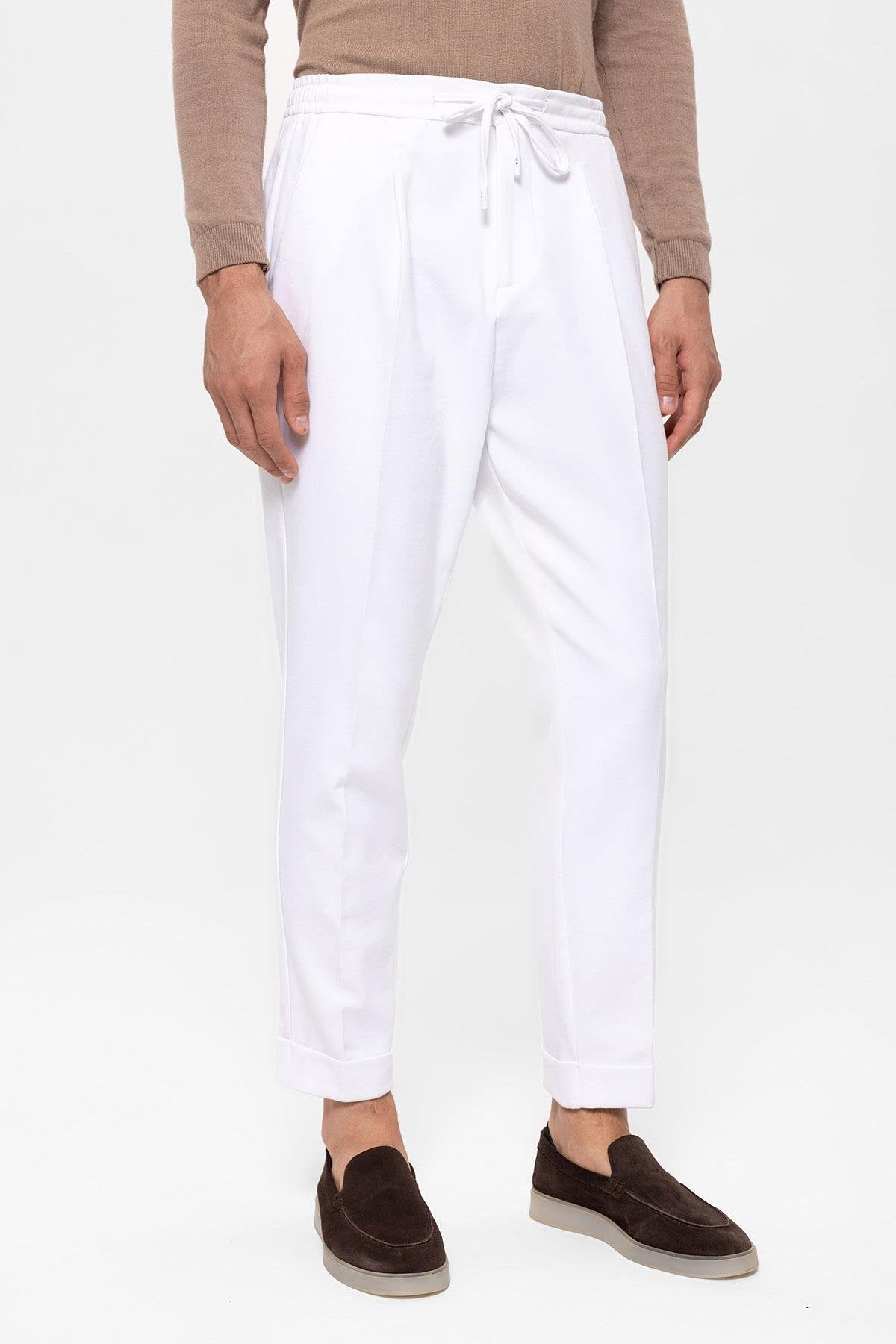 White Elastic Waist Pleated Trousers