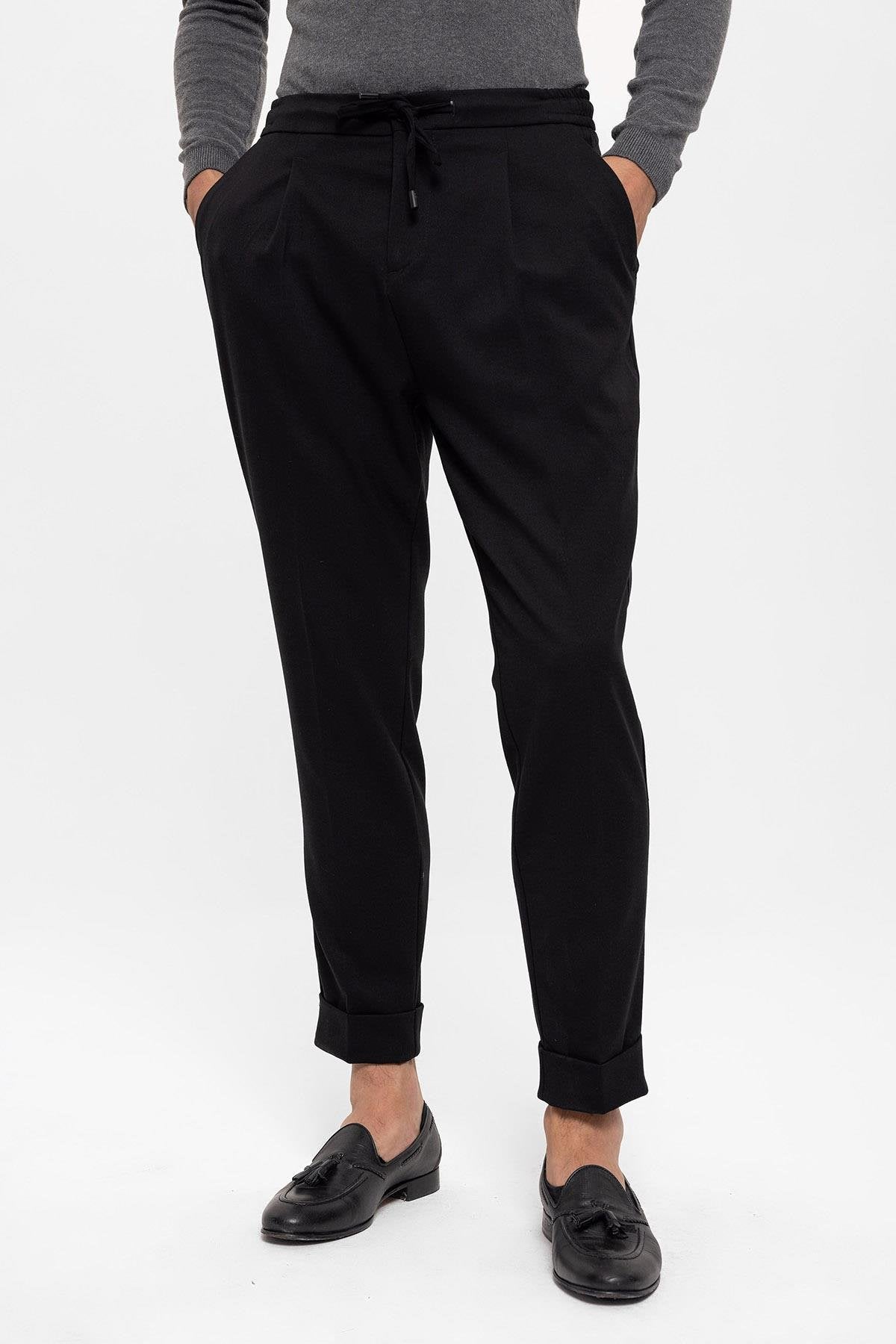 Black Elastic Waist Pleated Trousers