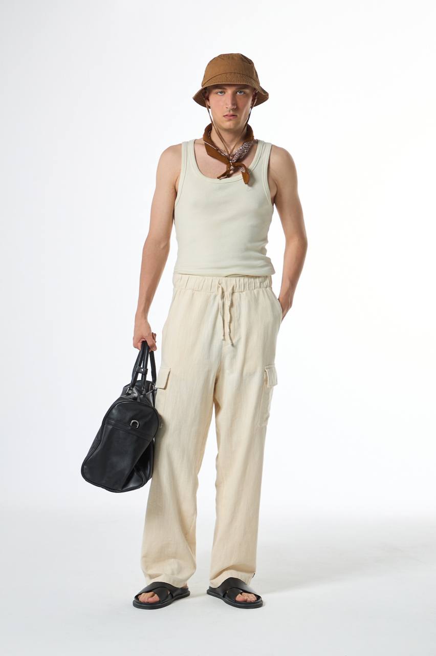 Beige Cargo Baggy Linen Pants