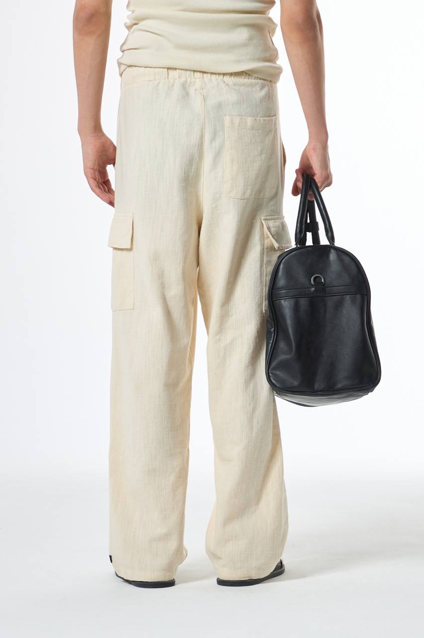 Beige Cargo Baggy Linen Pants