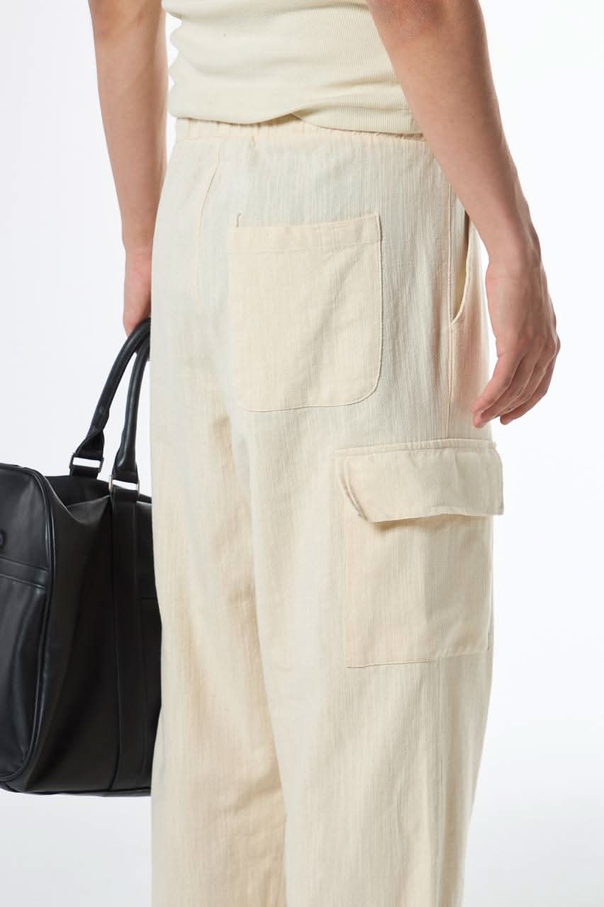 Beige Cargo Baggy Linen Pants