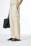 Beige Cargo Baggy Linen Pants