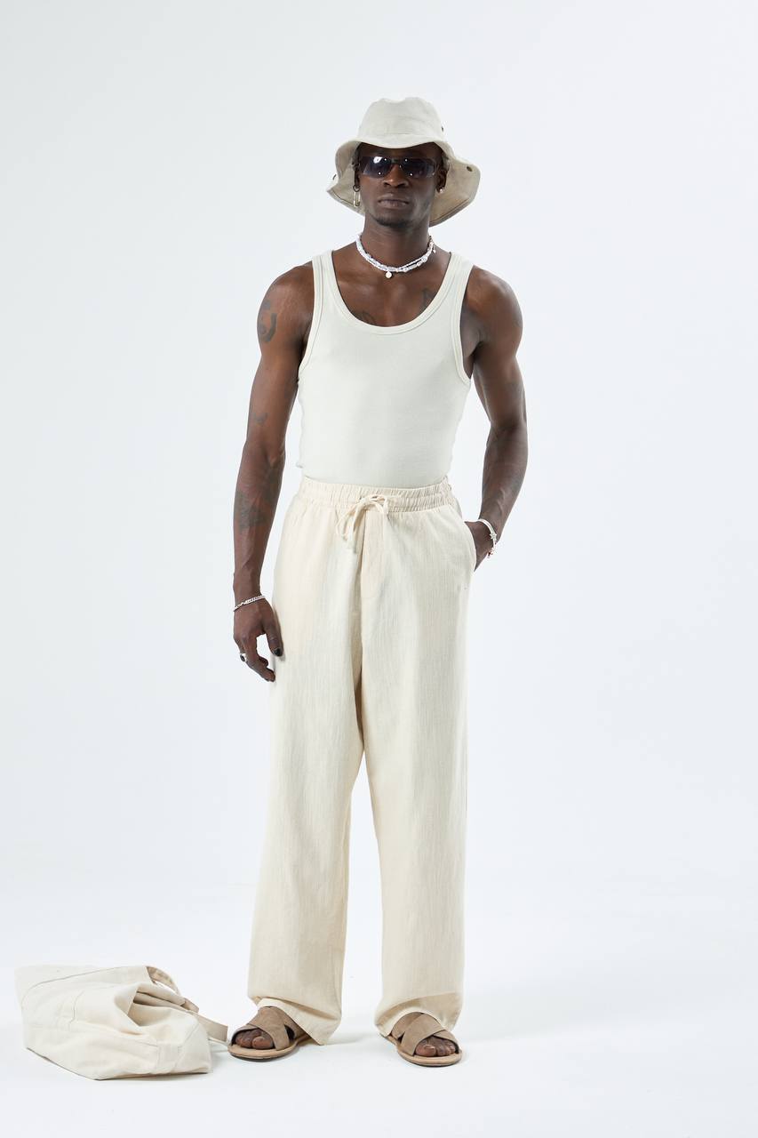 Beige Baggy Linen Pants