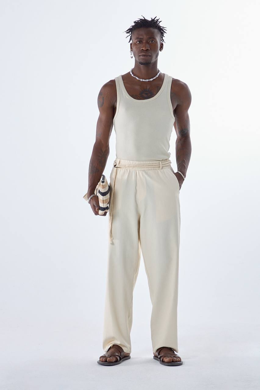 Beige Summer Belted Pants