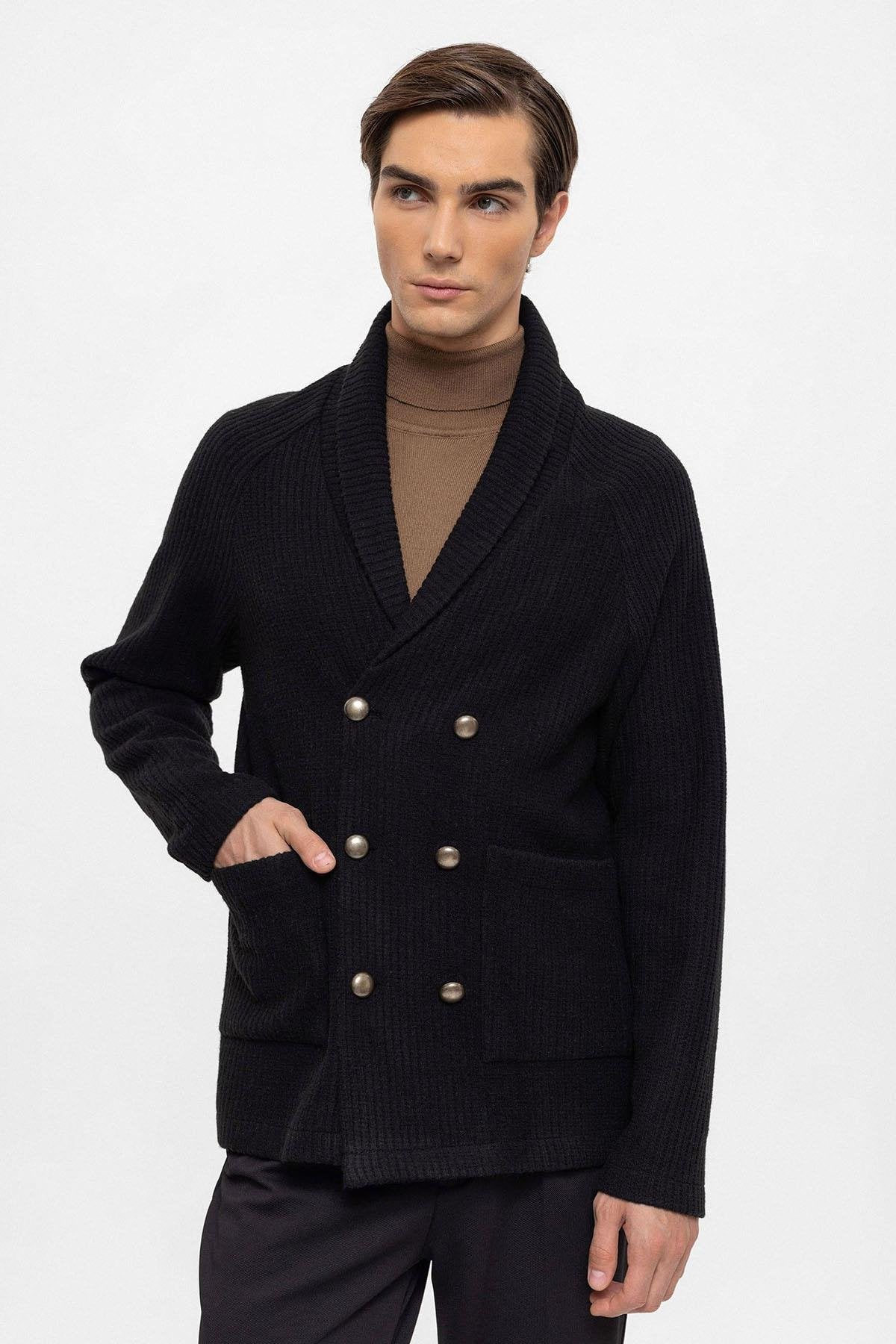 Shawl Collar Double Breasted Cardigan in Black