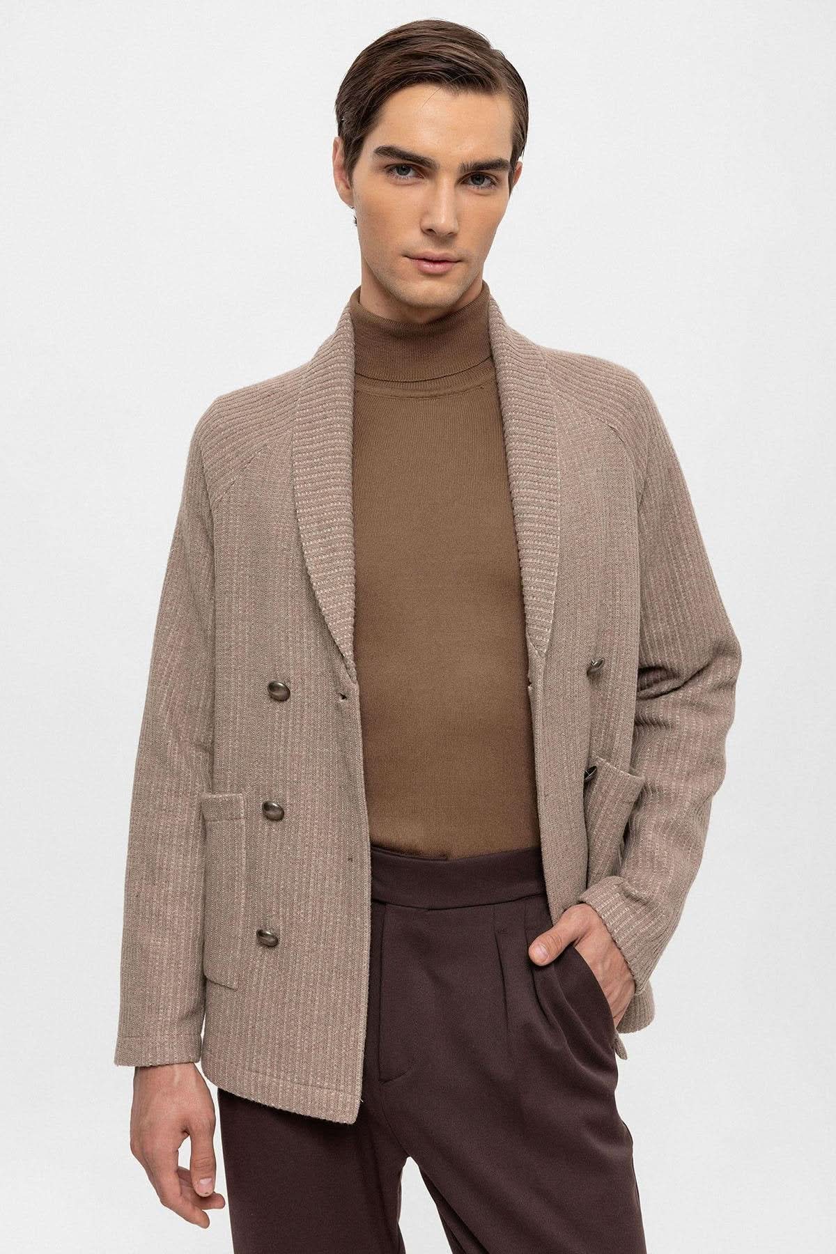 Shawl Collar Double Breasted Cardigan in Beige