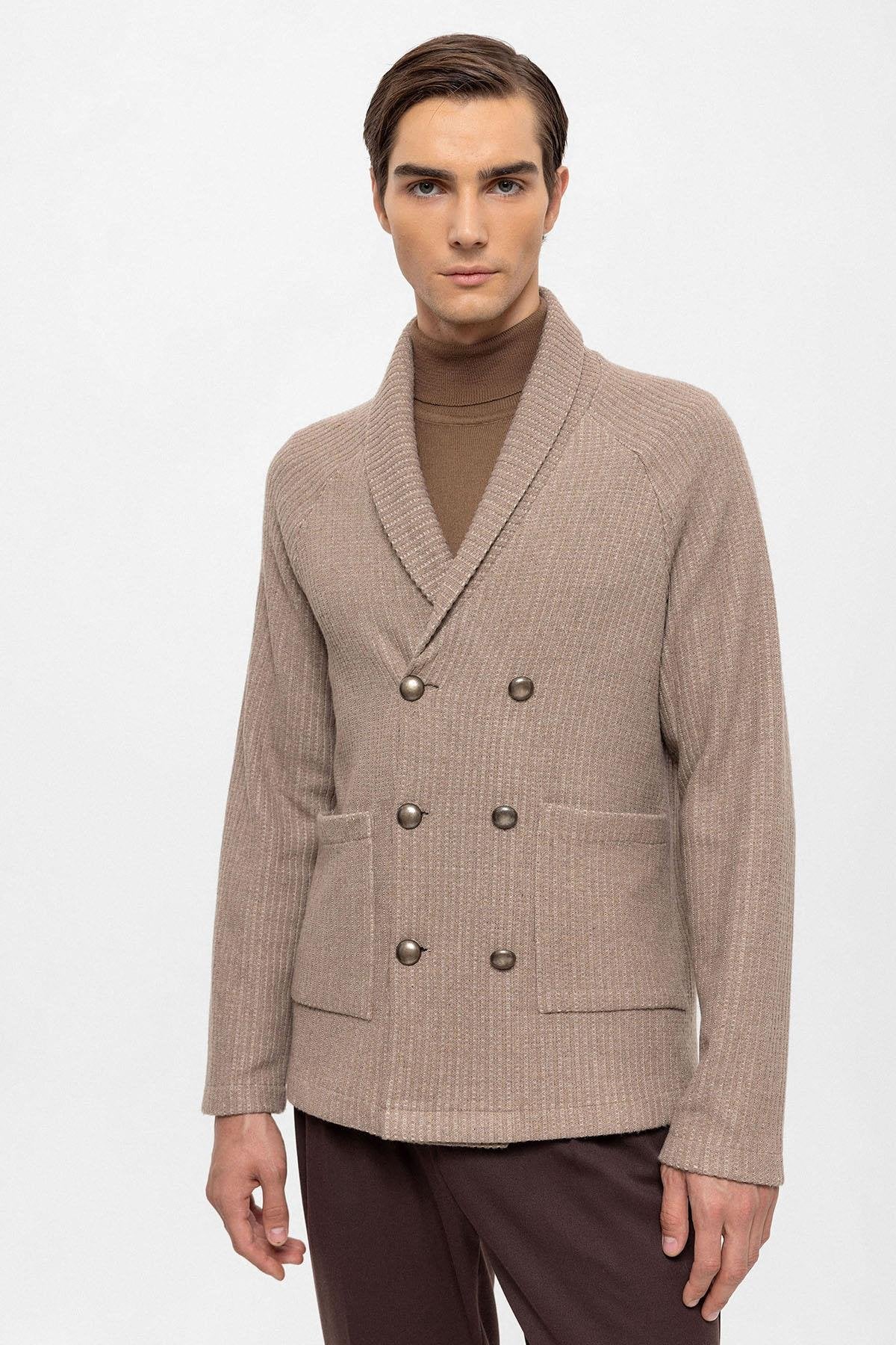 Shawl Collar Double Breasted Cardigan in Beige