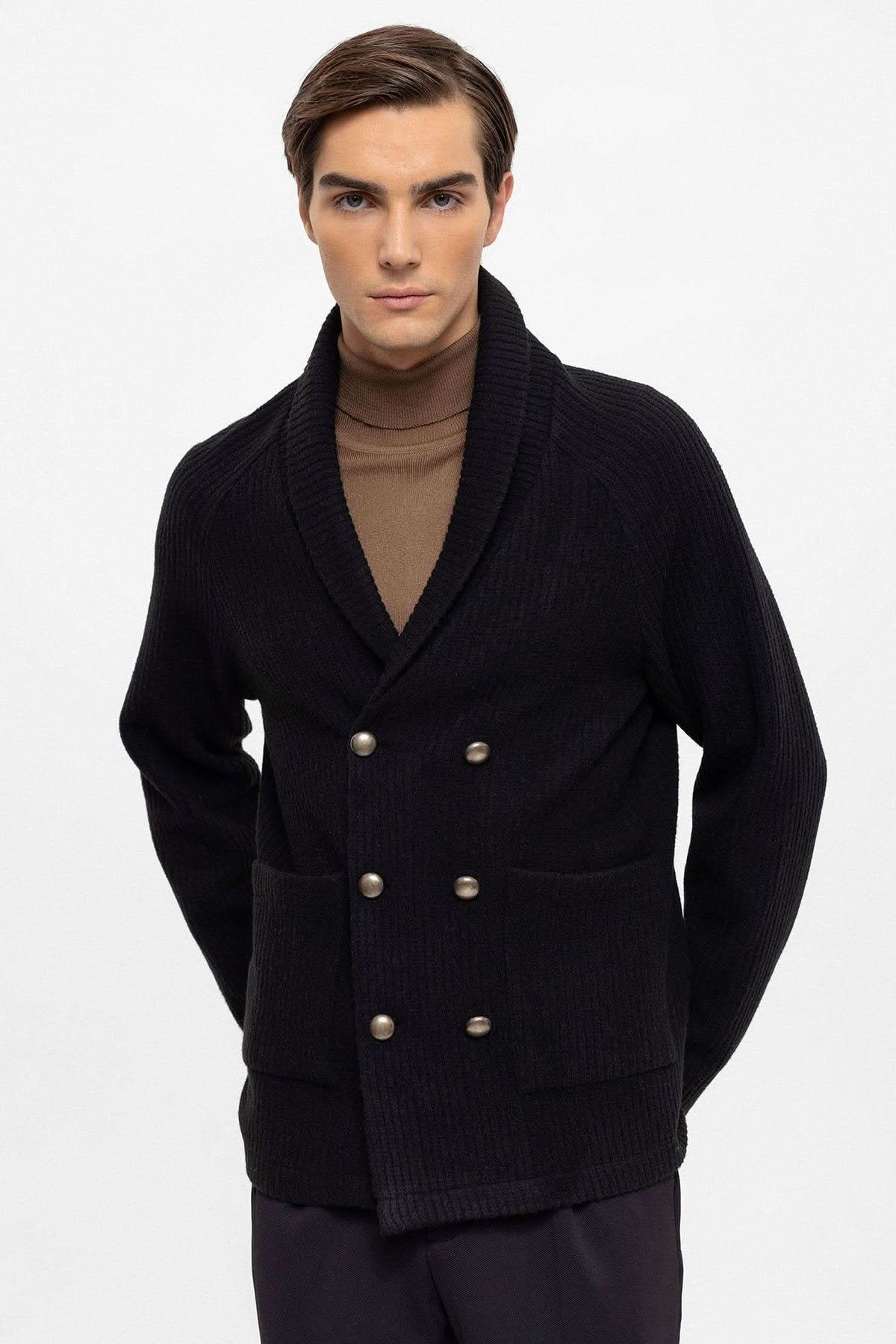 Shawl Collar Double Breasted Cardigan in Black